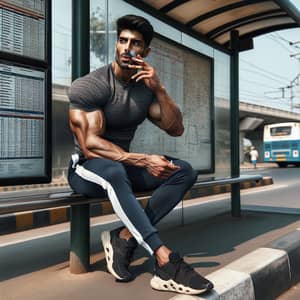 Muscular South Asian Man Smoking at Bus Stop