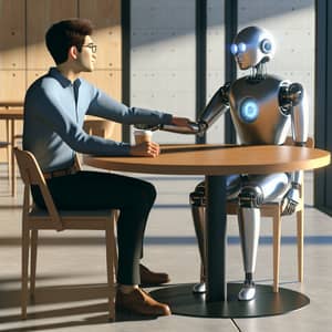 Innovative Robot Interacts with South Asian Male Human at Wooden Table