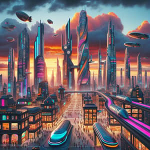 Retro-Futuristic Cityscape: Vibrant Skyline & Neon Lights