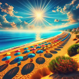 Tranquil Sunny Beach Scene with Colorful Umbrellas | Seashore Beauty