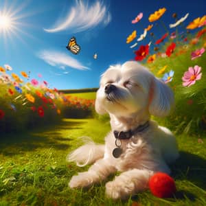 Tranquil White Dog in Meadow with Flowers | Pet Life Serenity