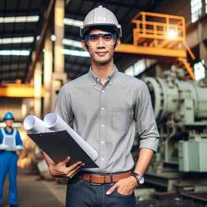 South Asian Male Engineer with Hard Hat and Blueprints | Industrial Complex