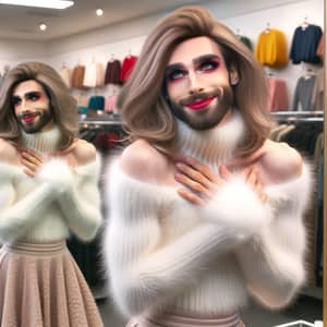 Feminized Thin Man in Angora Sweater - Unique Makeup Style