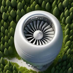 Photorealistic Isometric View of GE9X Aircraft Engine Flying Over Forest