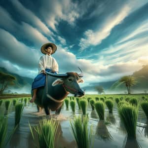 Filipino Man Riding Carabao in Rice Field