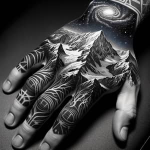 Hand Tattoo: Majestic Mountain & Space Elements | Ansel Adams-inspired