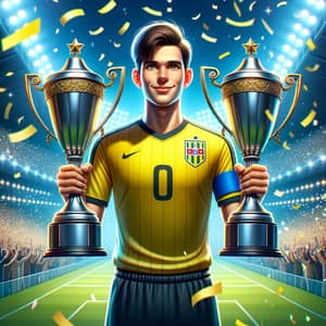 Skilled Soccer Player with World Cup Trophies in Yellow Uniform