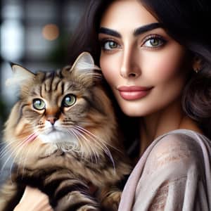 Lovely Middle-Eastern Woman Holding Plush Tabby Cat