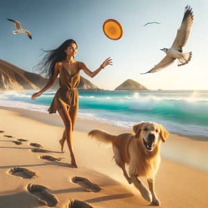 Hispanic Girl Playing with Golden Retriever on Sunny Beach