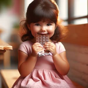Joyful Hispanic Girl Enjoying Chocolate on Wooden Bench