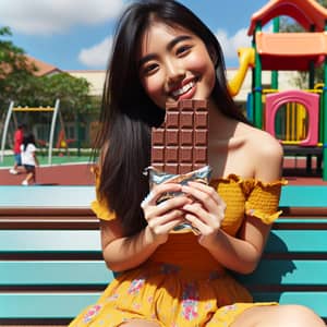 Delighted South Asian girl enjoying a chocolate bar in the park