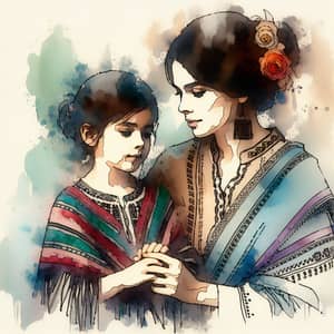 Watercolor Painting of Hispanic Mother and South Asian Daughter