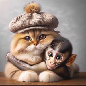 Adorable Cat and Playful Monkey Friendship - Heartwarming Image
