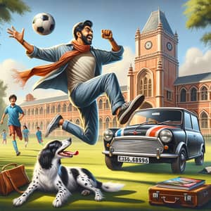 Dynamic Football Game with South Asian Man, Quirky British Car, and Energetic Dog