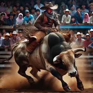 East Asian Male Cowboy Riding Massive Bull at Rodeo Event