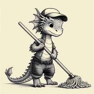Adorable Dragon Illustration Wearing Clothes and Mopping