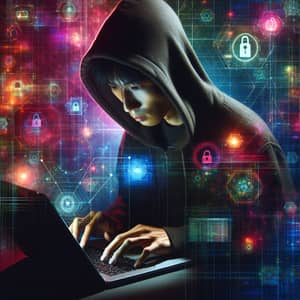 Asian Male Computer Hacker in Hoodie - Cybercrime Concept