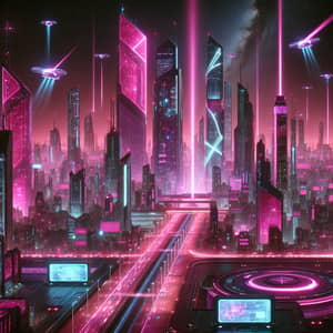 Futuristic Pink Cityscape: High-Tech Skyscrapers & Neon Lights