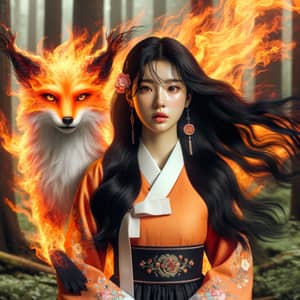 South Asian Girl in Fiery Hanbok | Enigmatic Forest Setting