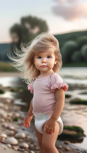 Serene River Coast: Cute Caucasian Girl in Pink Ruffled Shirt
