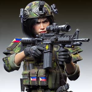 Intense Filipina Soldier in Jungle Camouflage Uniform with Assault Rifle