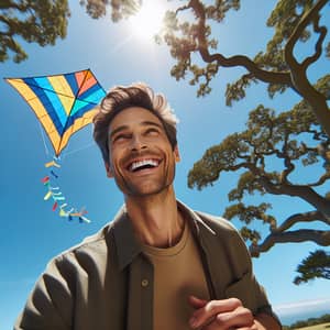 Joyful Caucasian Man Outdoors Holding Colorful Kite