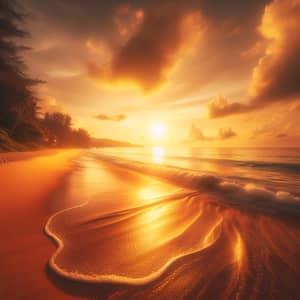 Tranquil Sunset Beach Scene with Golden Hues and Gentle Waves