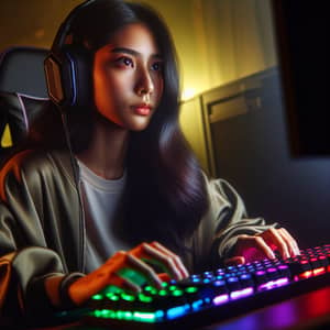 Intense South Asian Female Online Gamer on Colorful Backlit Keyboard