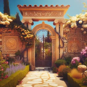 Greek Garden Gate Facade - Architectural Elegance and Natural Beauty