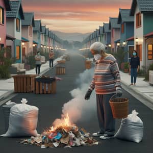 Elderly Hispanic Woman Burning Rubbish in Community