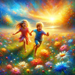 Joyful Sibling Bonding in Colorful Meadow - Family Fun Scene