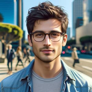 Urban Casual Male Figure with Dark Hair and Glasses