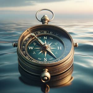 Ornate Brass Compass Floating on Tranquil Sea