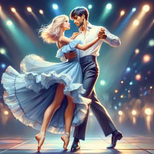 Dynamic Dance of Blonde Girl and Brunette Man on the Illuminated Dance Floor