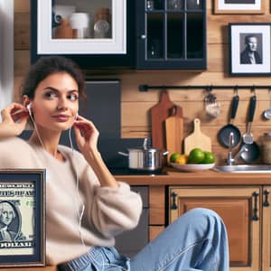 Attractive Lady Relaxing in Cozy Kitchen with Music