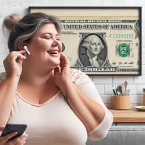 Cheerful Overweight Woman Enjoying Music in Homely Kitchen