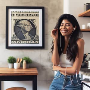 Cozy Kitchen Interior with Feature Wall and South Asian Woman Listening to Music