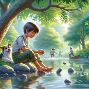 Tranquil Countryside Scene with Lyosha Skipping Stones by Riverbank