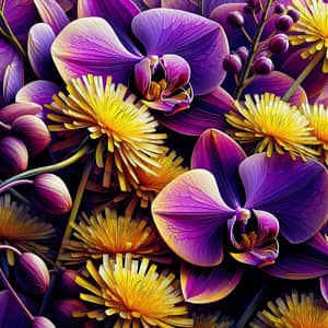 Stunning Purple Orchids and Yellow Dandelions Artwork