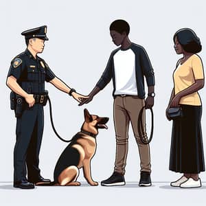 Asian Policeman and K-9 Officer with Girl and Mother on City Sidewalk
