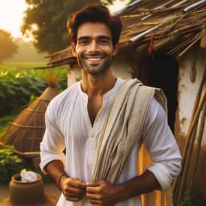 Rural Indian Male Koushik in Traditional Attire Smiling at Sunset