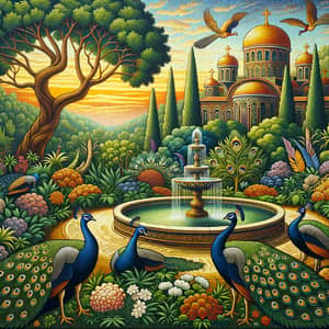 Byzantine-Inspired Mosaic Art in Tranquil Garden Setting