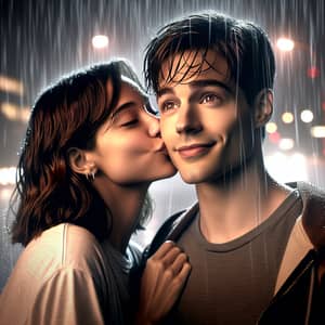 Romantic Scene with Actors Under Rain in City Landscape