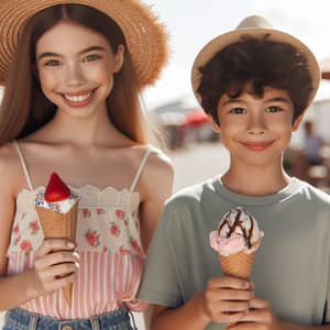 Summer Fun: Girl and Boy Enjoying Ice Cream in the Sun