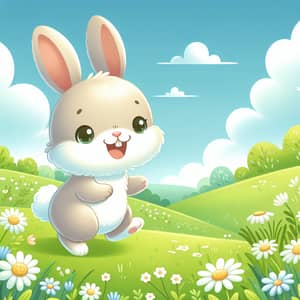 Joyful Bunny Hopping in Green Field with Daisies - Peaceful Day