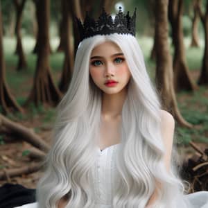 South Asian Girl with Long White Hair in Forest Throne