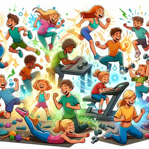 Captivating Cartoon Style Scene of Diverse Children Exercising