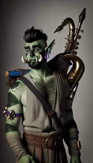 Male Half-Orc Entertainer with Violet Eyes and Large Tusks