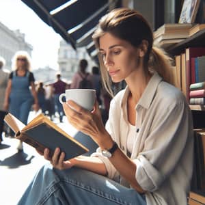 Middle-Aged Woman Enjoying Coffee and Reading in Urban Setting