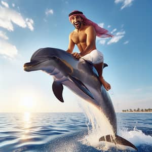 Middle-Eastern Man Joyfully Riding Dolphin in Clear Blue Sky